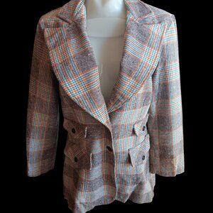 Vintage Womens Blazer Jacket Medium 1970's Wards Distress Double-Breasted Boho